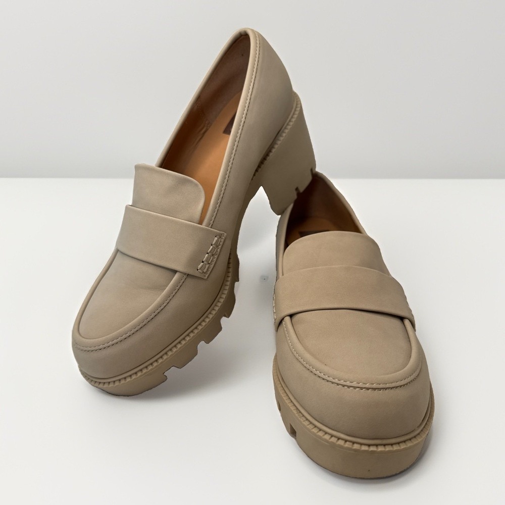 DV Dolce Vita Neeka Taupe Lug Sole Platform Block Heel Loafers Size 9